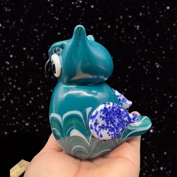 Art Glass Owl Figurine Paperweight Pulled Feather Glass Cased Bird Blue Fritz - Picture 8 of 14